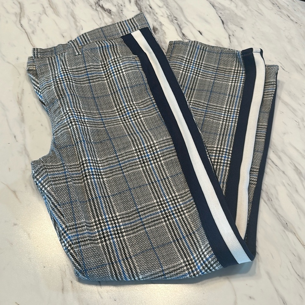 MOTHER Plaid Ankle Jeans in Blue and White